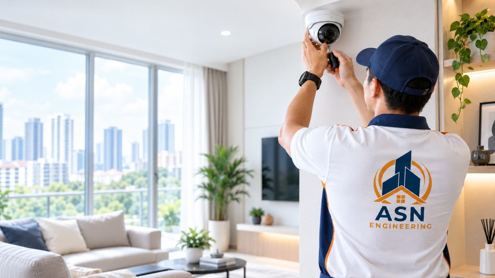 ASN Engineering technician installing a CCTV camera in a modern property in Singapore