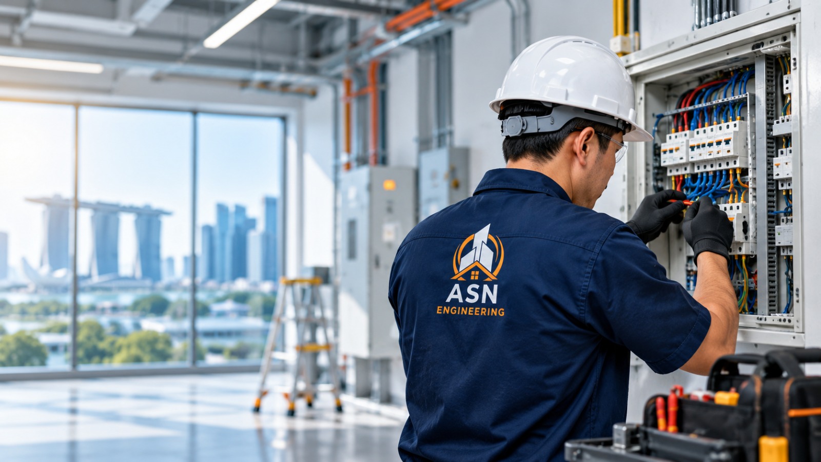 ASN Engineering electrician performing electrical maintenance and repair work in Singapore