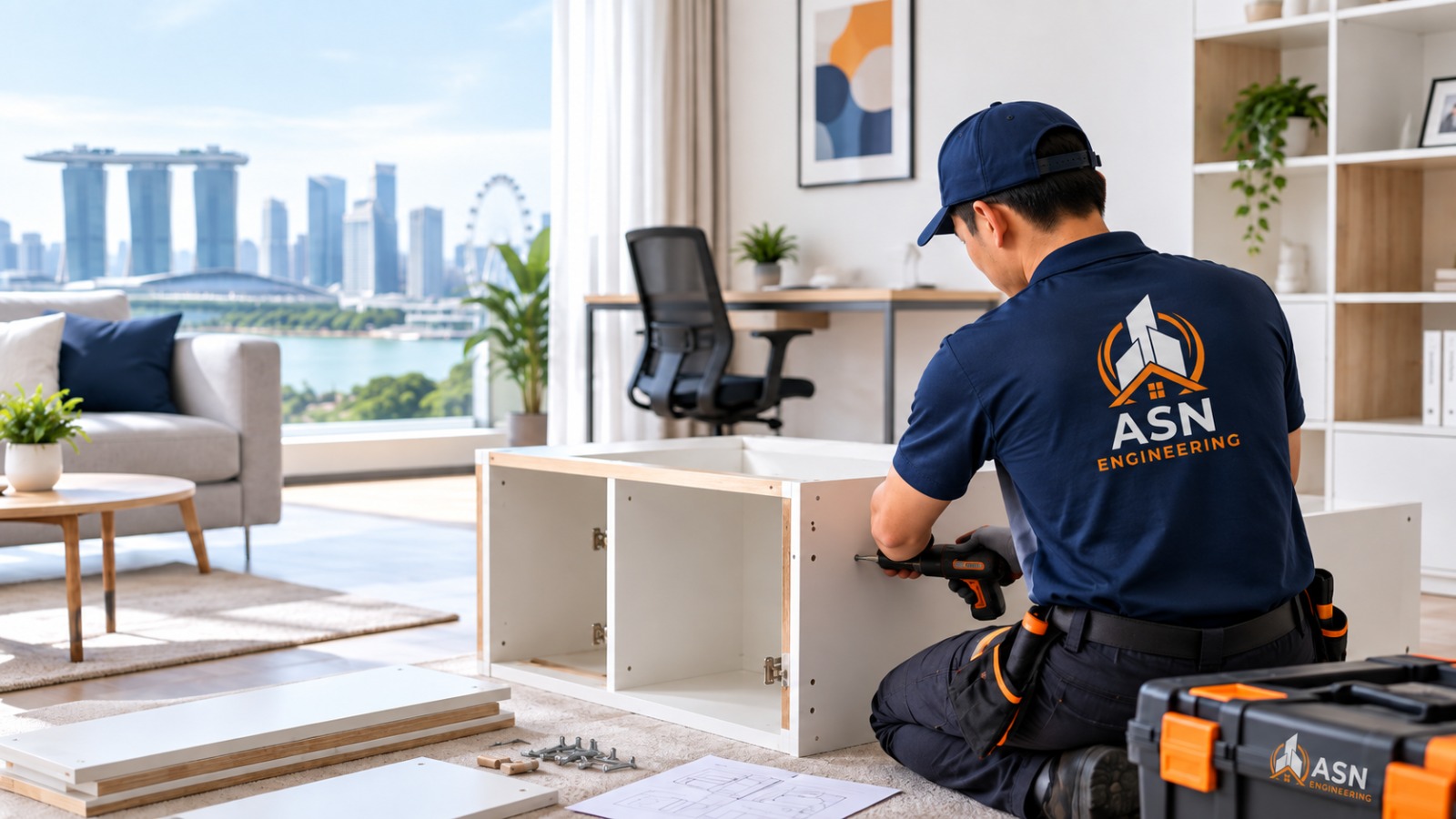 ASN Engineering technician assembling flat-pack furniture in a modern home or office interior in Singapore