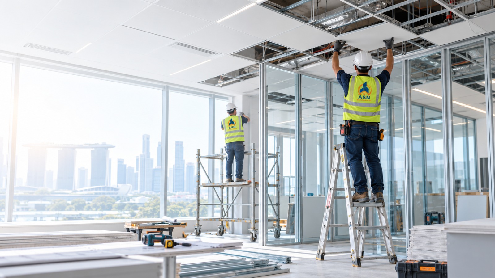 ASN Engineering team installing office partition wall and false ceiling in a commercial office space in Singapore