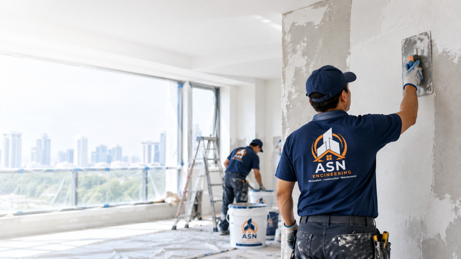 ASN Engineering worker applying skim coat and plaster to an interior wall in Singapore
