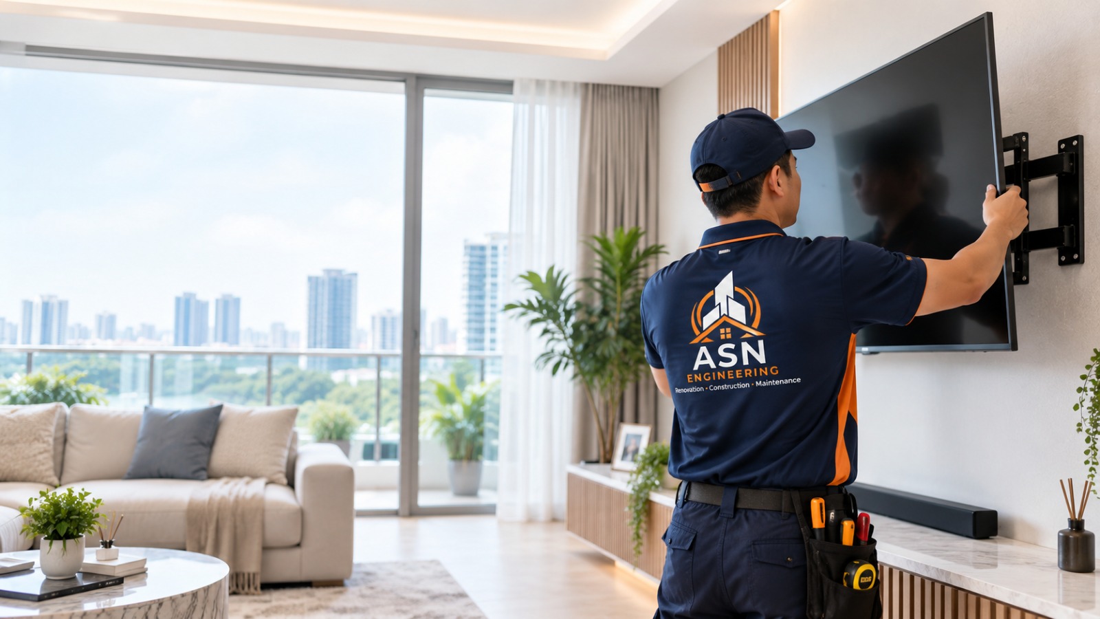 ASN Engineering technician installing a flat-screen TV on a wall in a modern Singapore home