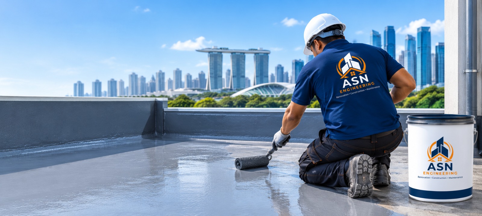 Waterproofing technician applying waterproofing coating on a rooftop in Singapore with city skyline